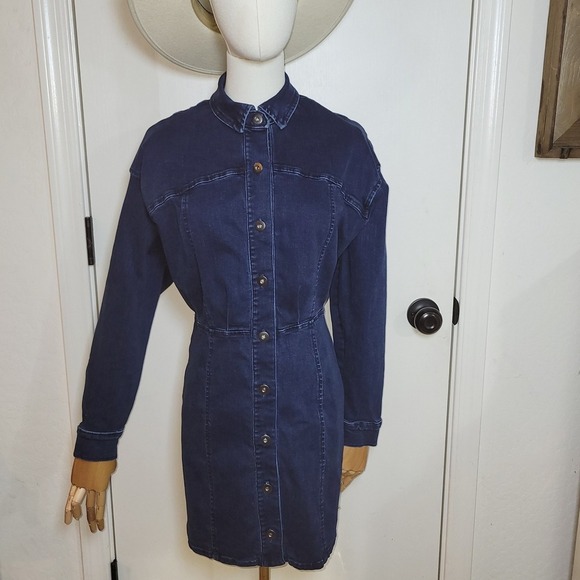 Free People Amber Button-Up Denim Mini Dress Size 2 Western Utility Chic - Picture 1 of 12